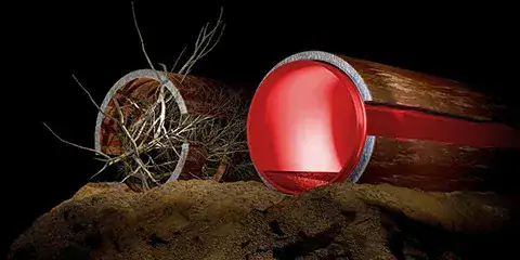 Illustration of two underground pipes: one clogged with tree roots and debris, and the other clean and clear, showing unobstructed flow. Both pipes are set against a dark background.