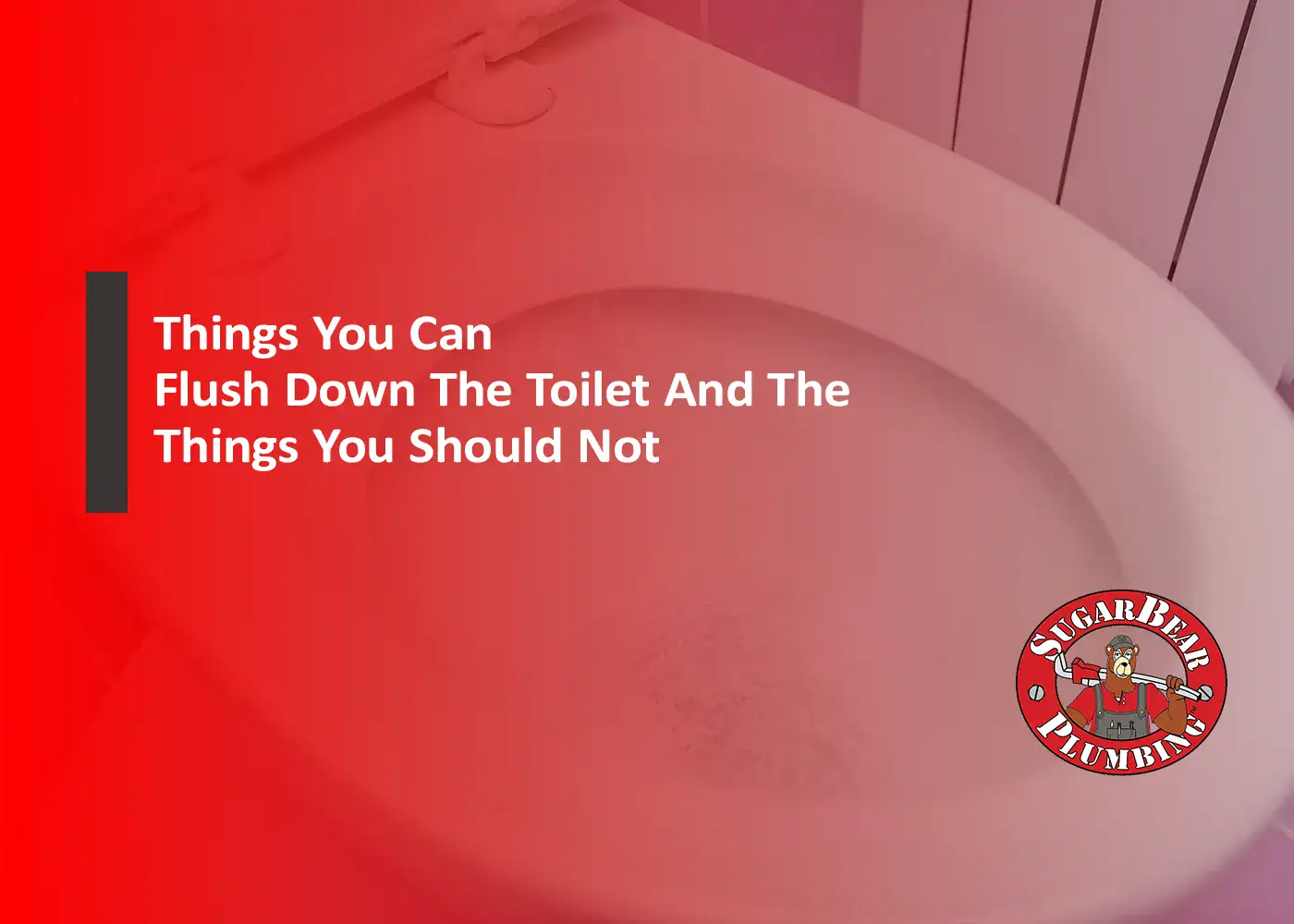 A toilet with a red overlay, featuring text that reads, "Things You Can Flush Down The Toilet And The Things You Should Not," and a round Sugar Bear Plumbing logo in the bottom right corner.