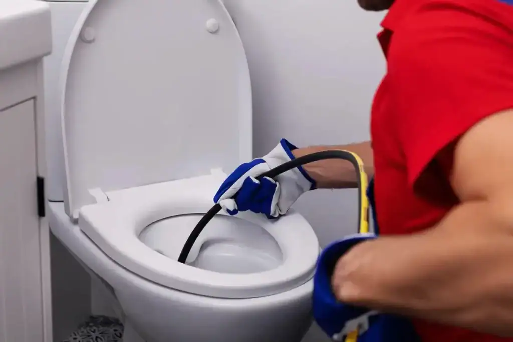 A person wearing gloves and a red shirt uses a plumbing snake tool to unclog a toilet in a bathroom.