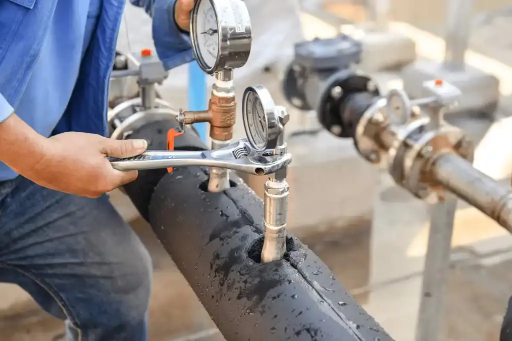 A person uses a wrench to tighten a pressure gauge onto a black insulated pipe, with industrial equipment and another valve visible in the background.